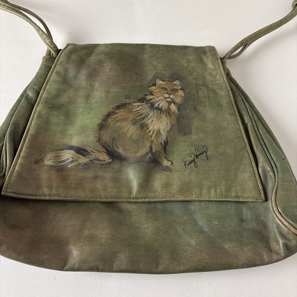 VTG Fancy Nancy Signed Leather Crossbody Bag Hand-Painted Cat Wearable Art Purse
